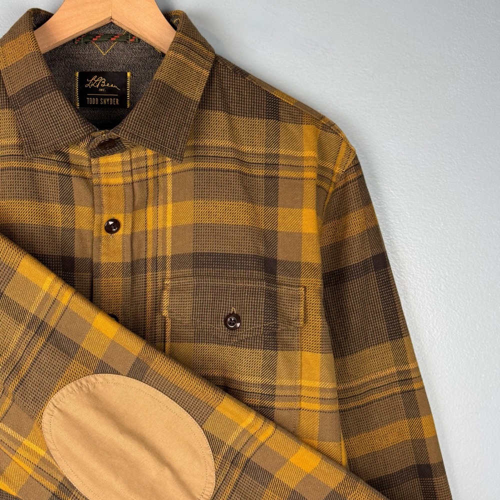 LL Bean Todd Snyder Mens Large Yellow Plaid Elbow Patch Button Up Flannel Shirt